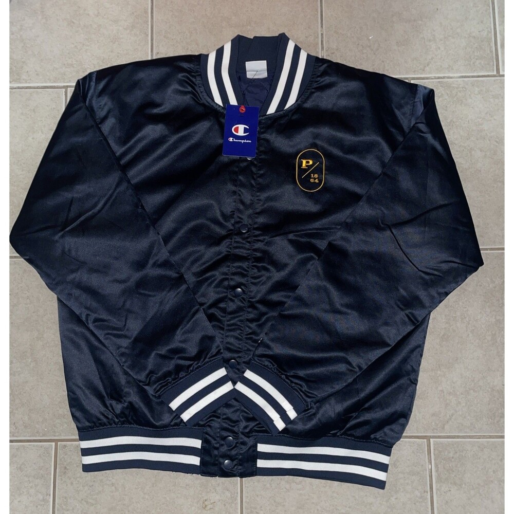 Champion navy blue satin snap-front varsity jacket with a yellow "P/1864" Large